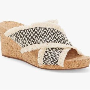 Lucky Brand Khillian Black and Cream Woven Open Toe Wedge Slip On Sandals